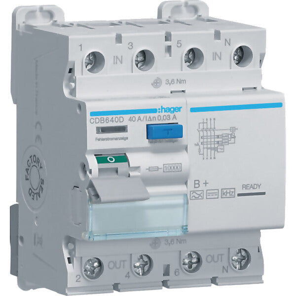 Hager FI-Schutzschalter 4P 40A 30mA B CDB640D